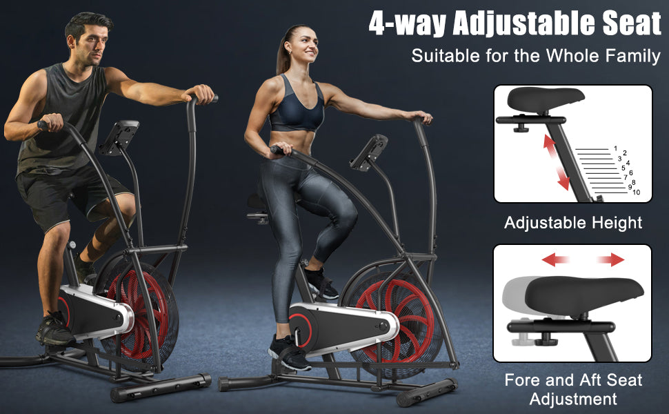 Motion Upright Air Bike Fan Exercise Bike with Unlimited Resistance and Adjustable Seat