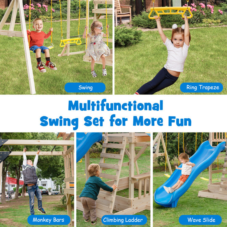 Wooden Swing Set with Large Upper Deck Slide and Steering Wheel
