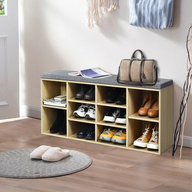 10-Cube Shoe Rack Entryway Organizer, Shoe Bench with Storage Padded Cushions and Adjustable Shelves