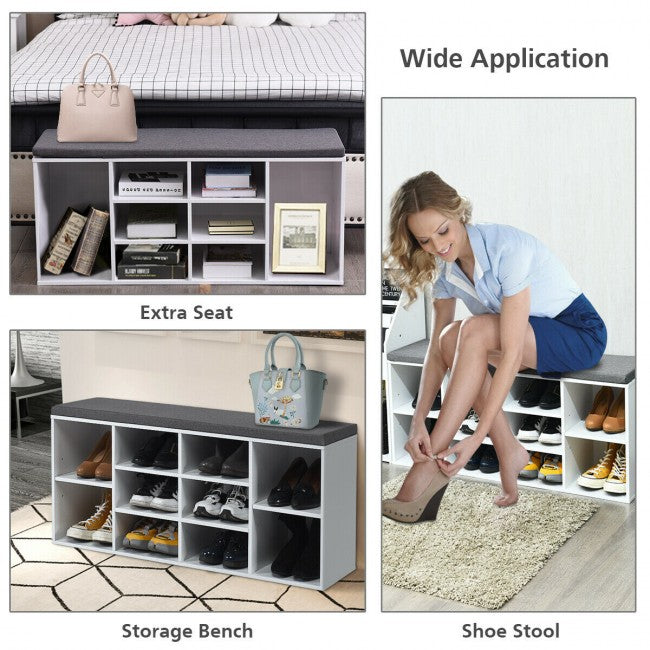 10-Cube Shoe Rack Entryway Organizer, Shoe Bench with Storage Padded Cushions and Adjustable Shelves