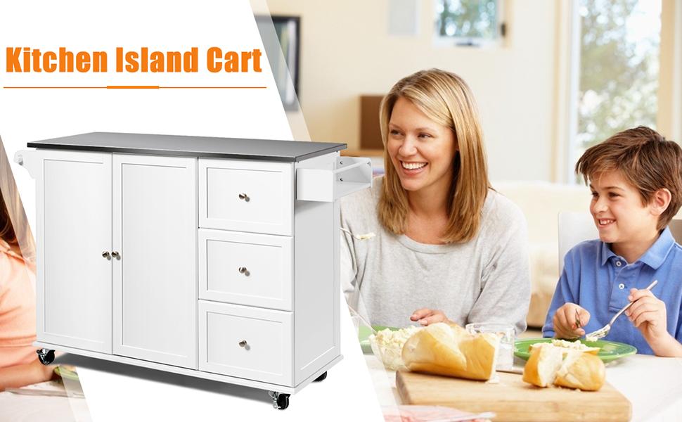 Kitchen Island Cart Rolling Trolley 2-Door Storage Cabinet with Adjustable Shelves and 3 Drawers