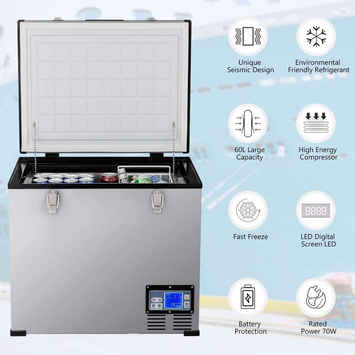 63 Quart Portable Car Refrigerator Compressor Travel Electric Car Cooler Freezer with LCD Display and Lock Catch