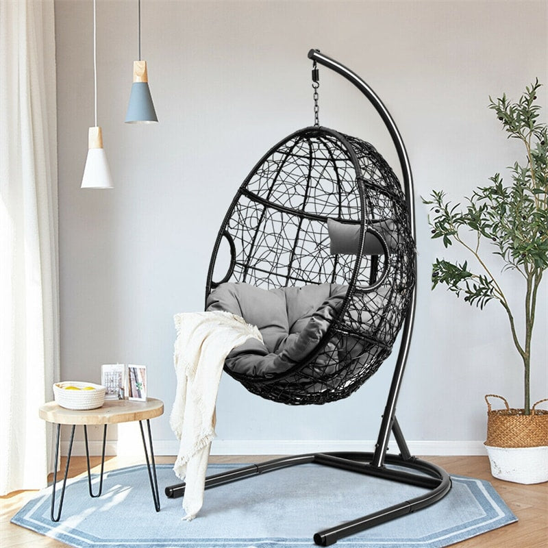 Outdoor Hanging Egg Chair Patio Swing Chair with C Hammock Stand and Soft Cushion