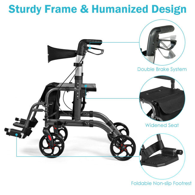 chairliving 2-in-1 Aluminum Wheelchair Folding 4-Wheel Walker Rollator With Adjustable Handles and Detachable Storage Bag