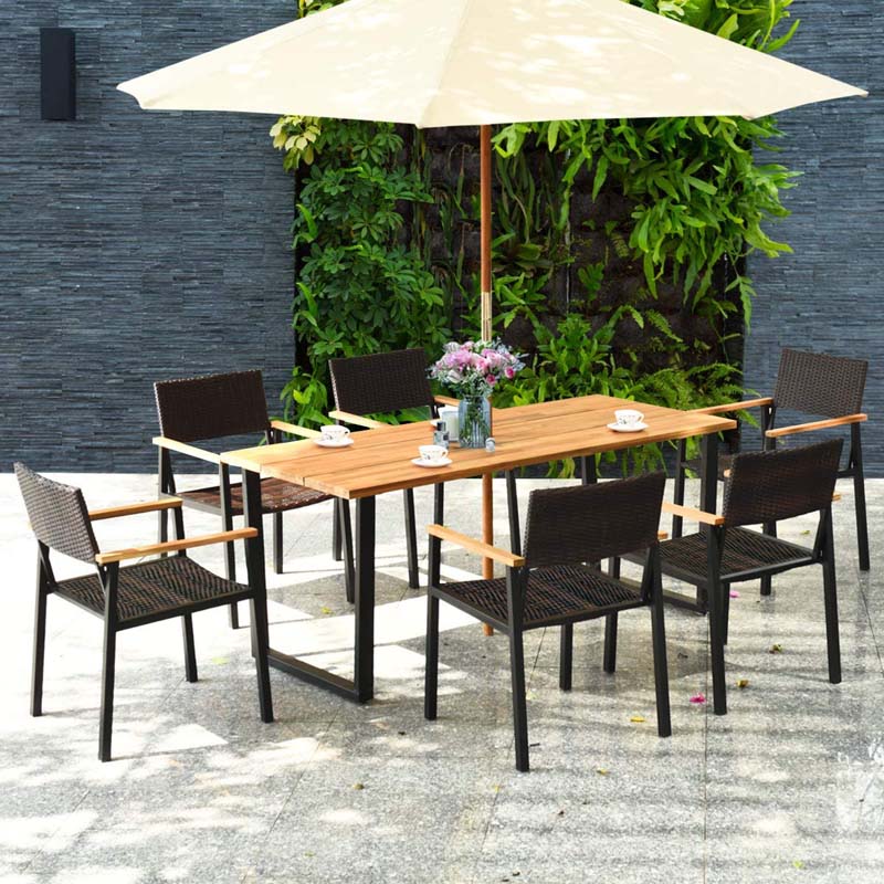 7 Pcs Outdoor Rattan Dining Table Set with Umbrella Hole, Patio Wicker Furniture Set