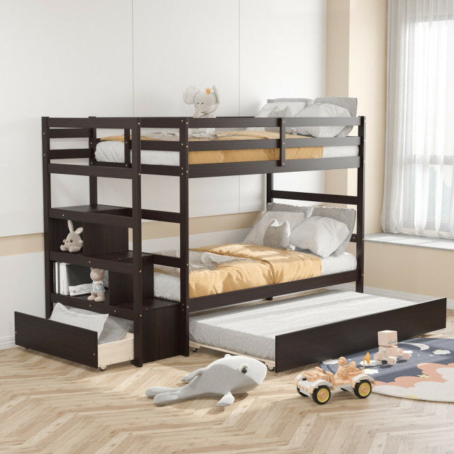 Chairliving Wooden Twin Over Twin Bunk Bed with Stairs and Storage Shelf