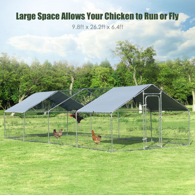 chairliving Outdoor Walk-in Metal Chicken Coop Run Large Rabbits Habitat Flat Shaped Poultry Cage with Waterproof Cover