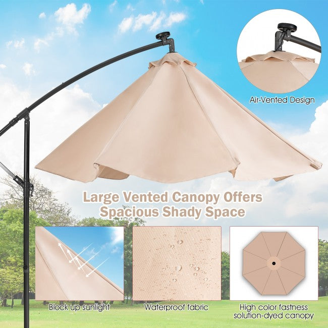 10 FT Solar LED Offset Hanging Cantilever Umbrella with Crank & Cross Base