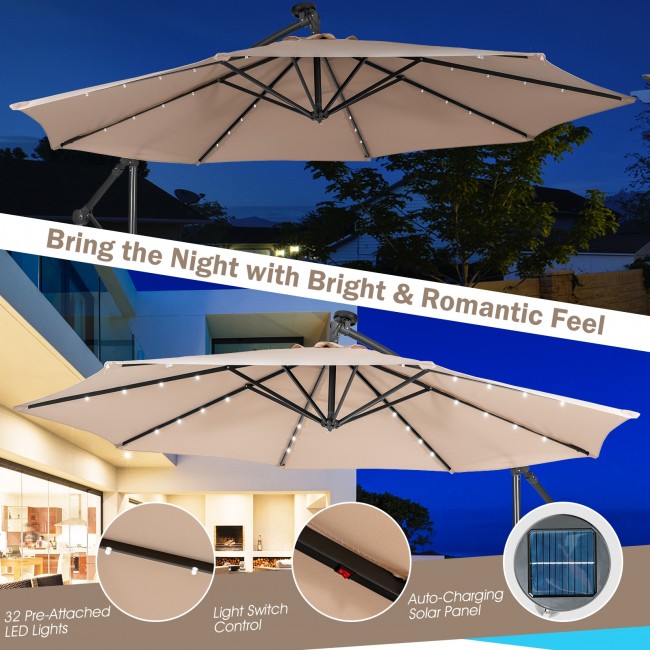 10 FT Solar LED Offset Hanging Cantilever Umbrella with Crank & Cross Base