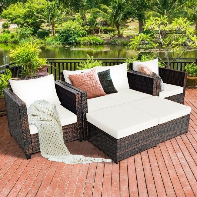 5 Pieces Outdoor Rattan Cushioned Sectional Conversation Sofa Set Patio Wicker Furniture Set with Ottomans