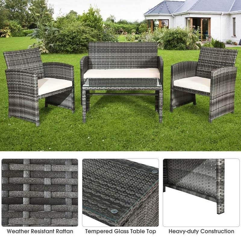 4 Pieces Outdoor Patio Wicker Sofa Set, Rattan Conversation Bistro Sets with Cushions and Table