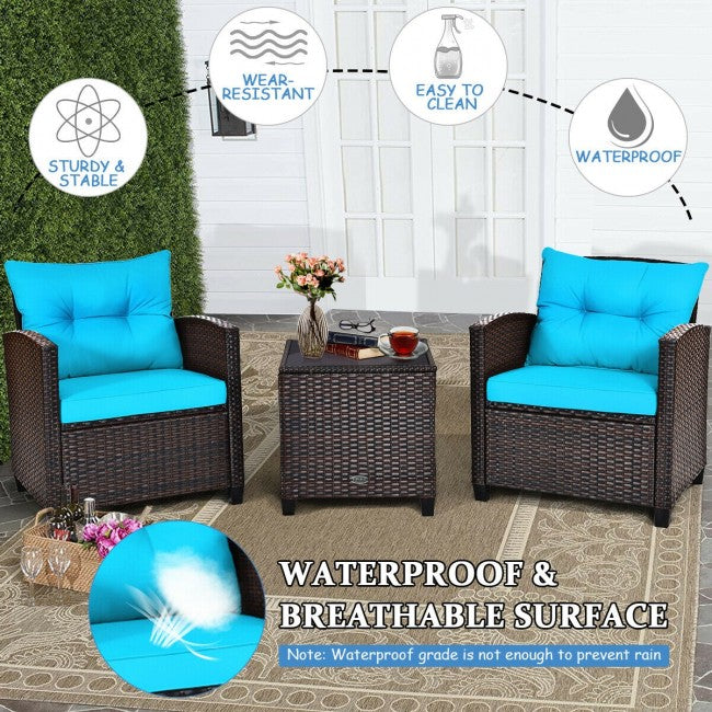 3 Pieces Rattan Patio Furniture Set Outdoor Conversation Bistro Set with Cushion and Coffee Table