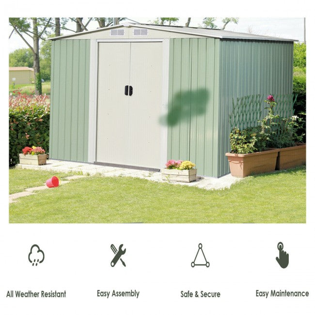 8.5X 8.5 FT Outdoor Galvanized Storage Shed Garden Tool House with Sliding Door