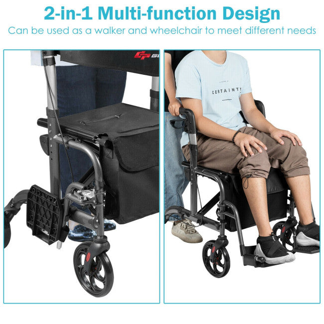 chairliving 2-in-1 Aluminum Wheelchair Folding 4-Wheel Walker Rollator With Adjustable Handles and Detachable Storage Bag