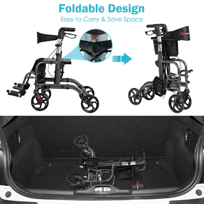 chairliving 2-in-1 Aluminum Wheelchair Folding 4-Wheel Walker Rollator With Adjustable Handles and Detachable Storage Bag