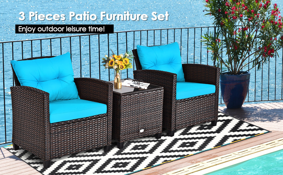 3 Pieces Rattan Patio Furniture Set Outdoor Conversation Bistro Set with Cushion and Coffee Table