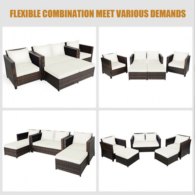 5 Pieces Outdoor Rattan Cushioned Sectional Conversation Sofa Set Patio Wicker Furniture Set with Ottomans