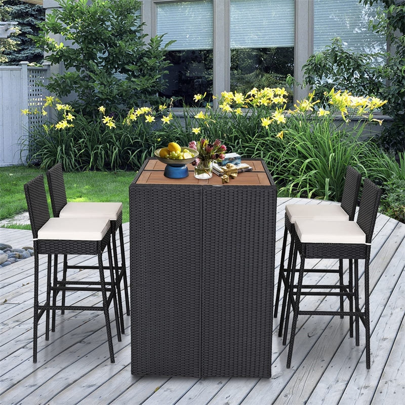 5 Piece Patio PE Wicker Bar Set Outdoor Acacia Wood Dining Table Bistr