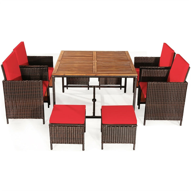 9 Pcs Outdoor Acacia Wood Patio Rattan Dining Table Set with Wicker Ch