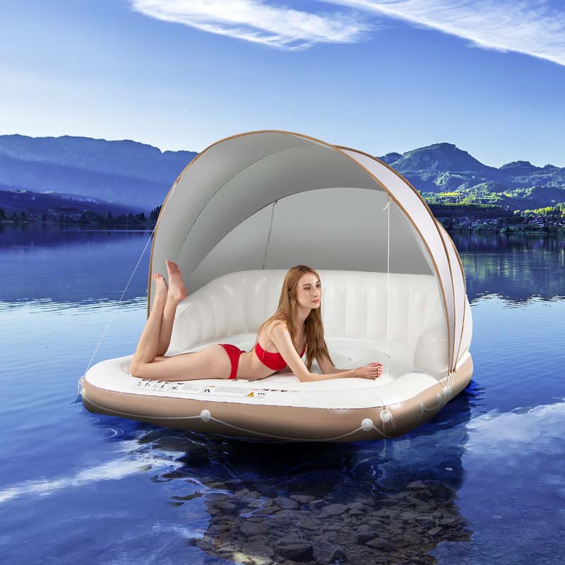 Giant Inflatable Pool Float Lounge Swimming Floating Island Raft with Retractable Canopy and 2 Cup Holders