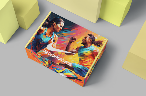 a gift box for nike featuring artistic image of a man and woman runnign and the nike swoosh logo