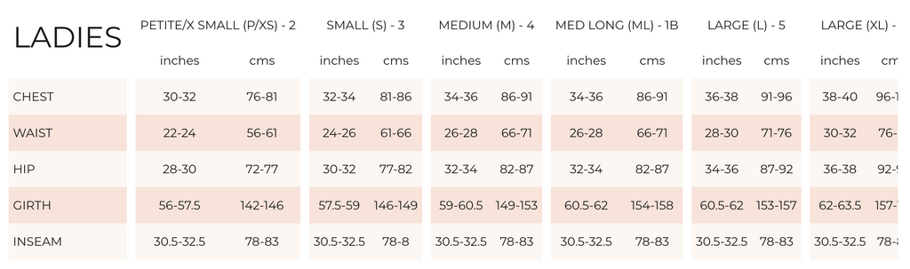 Bloch Bodywear Sizing Chart - Adult