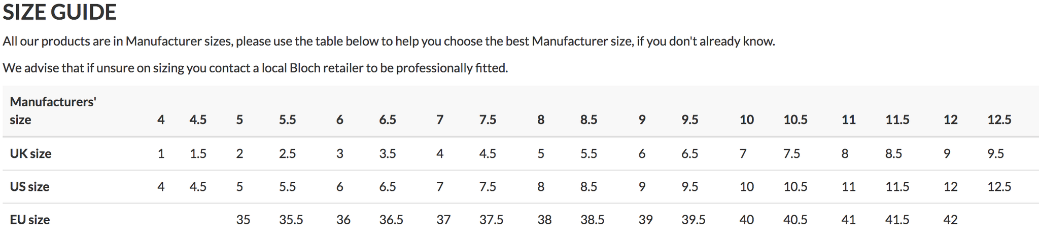 Bloch Booties Size Chart