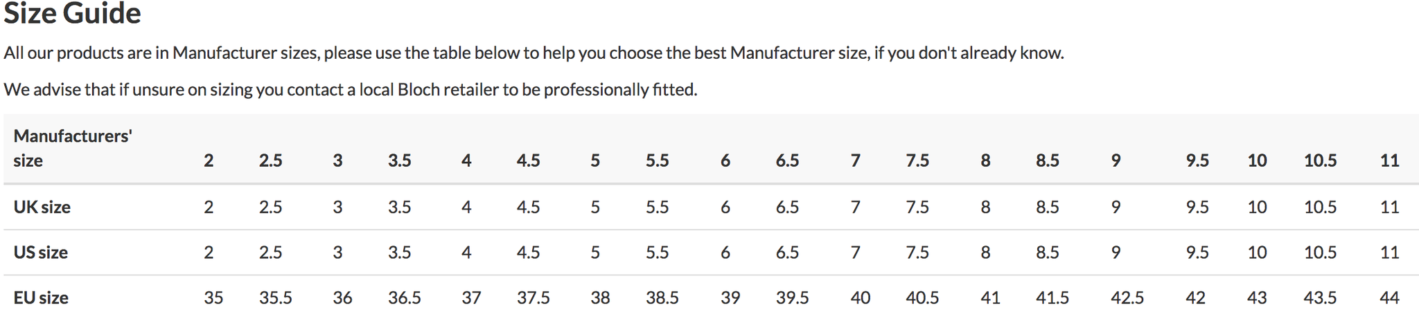 bloch booties size chart