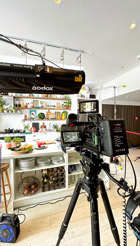 BTS of KNOWLED AT200Bi being used to illuminate a Kitchen Film Set - Image by Ryan Priestnall