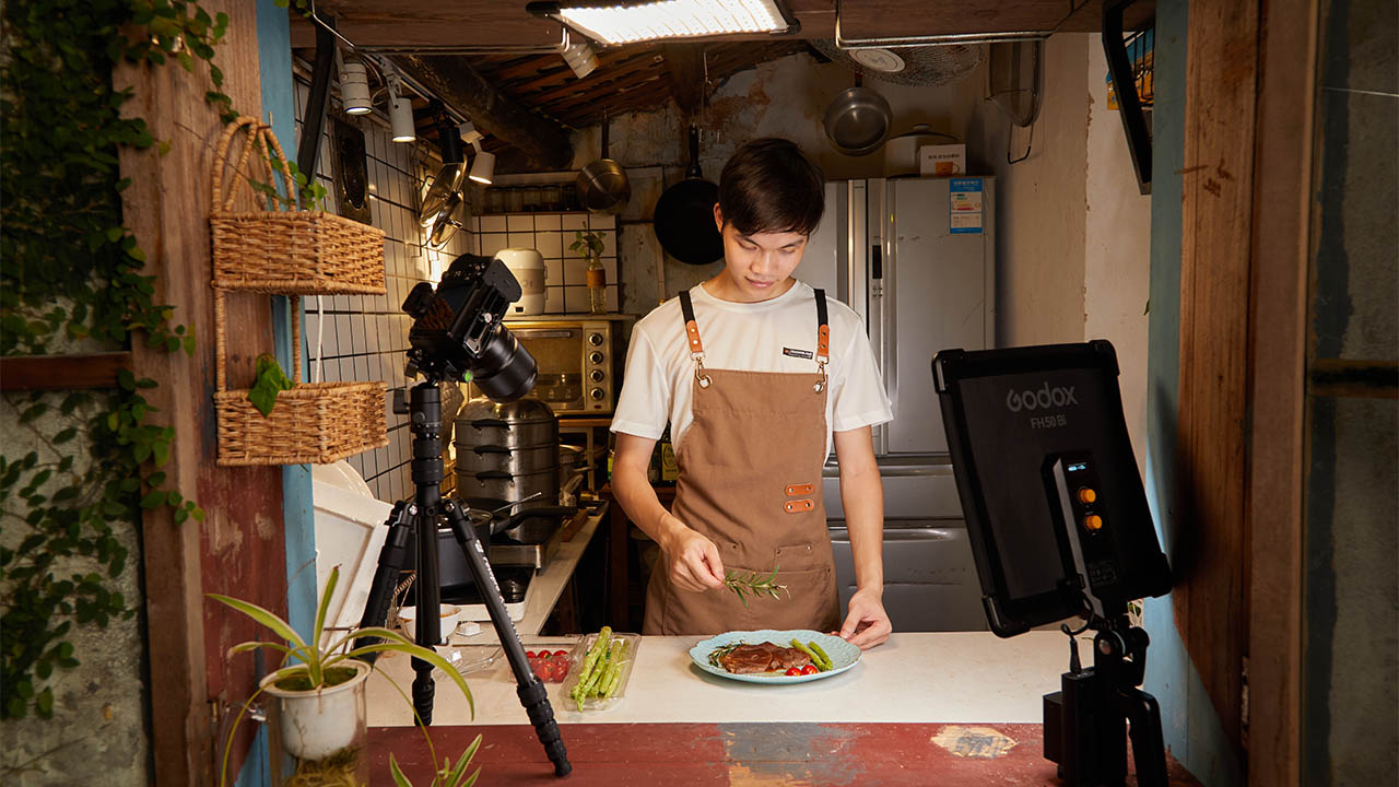 Godox FH50Bi being used to illuminate a kitchen video set