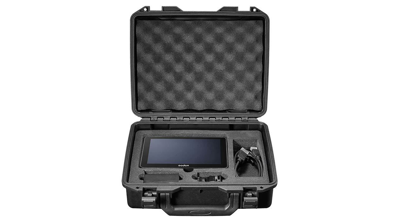 Godox GMB01 Hard Carry Case with Godox GM7S 7" monitor and accessories inside