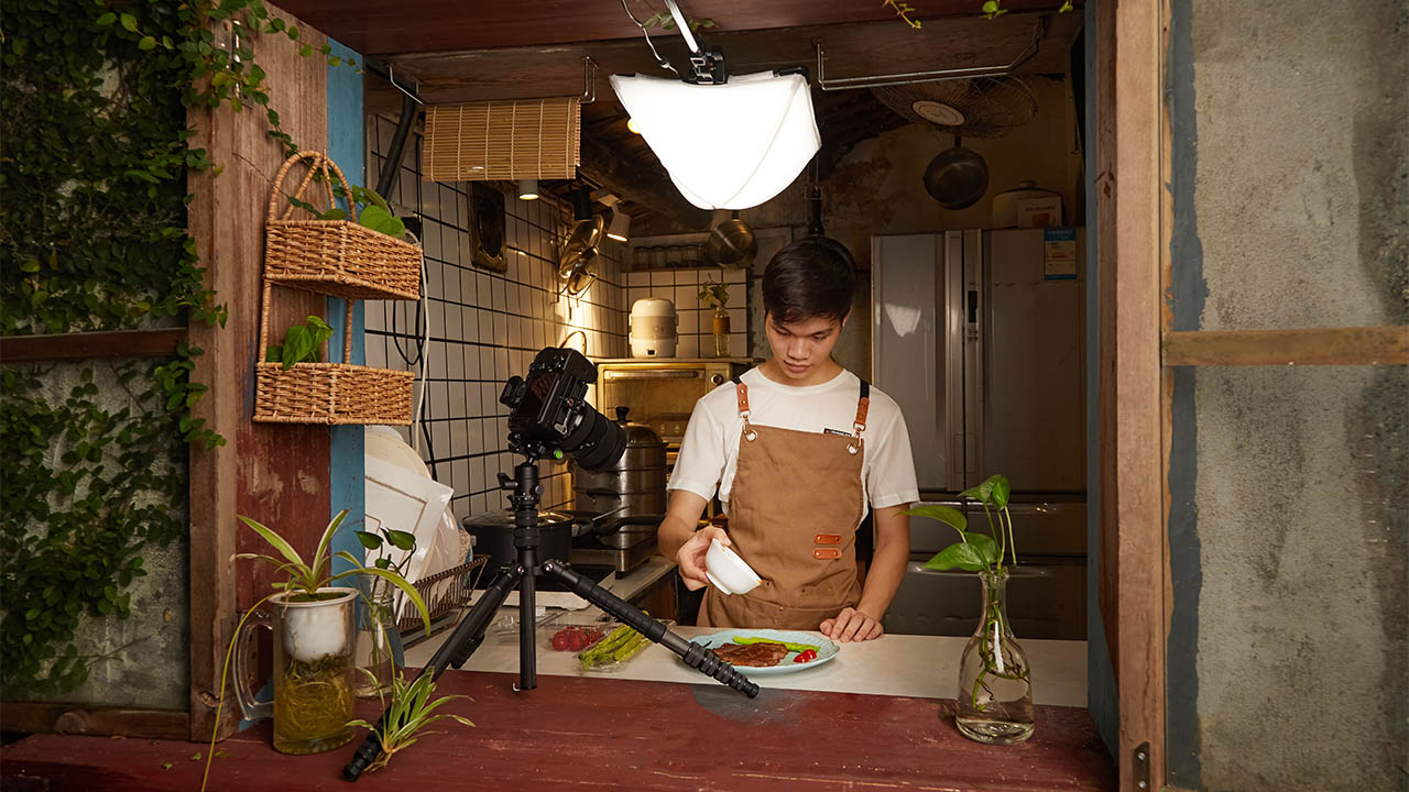 The Godox FP50 Pancake Lantern being used to illuminate a kitchen set for a cookery segment.