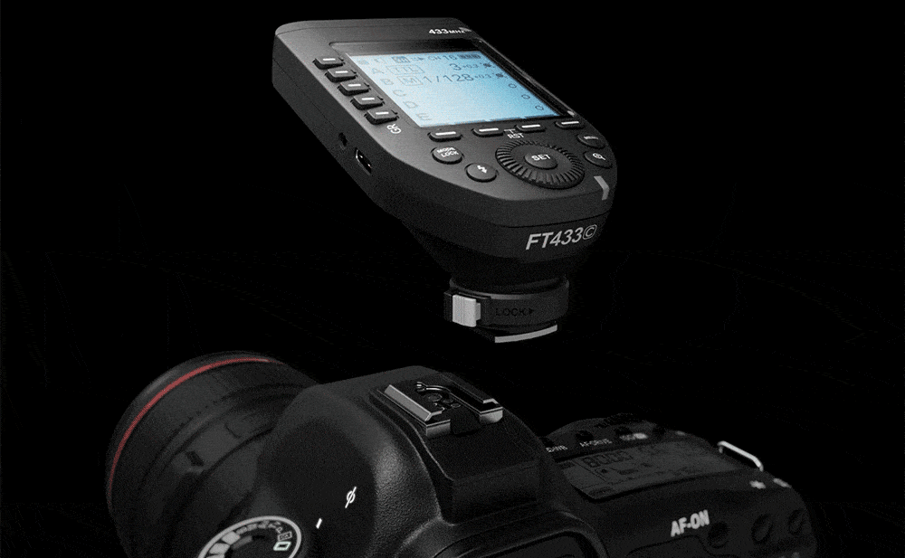 Godox FT433 and FR433 433MHz Flash Trigger and Receiver being placed onto a camera's hot shoe, an being plugged into a Godox AD600ProII's USB-C Port