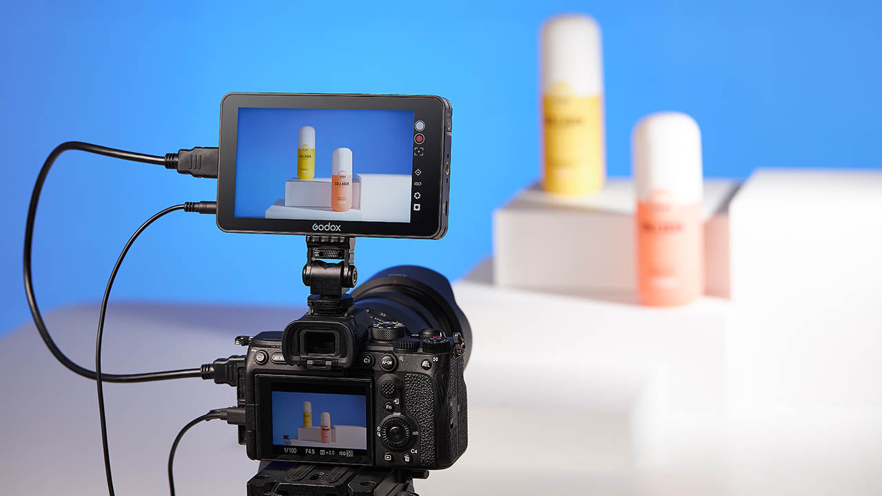Godox GM6S being used to film a colourful cosmetics campaign