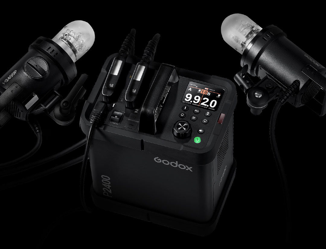 Godox P2400 Pack with two H2400P Flash Heads connected to it