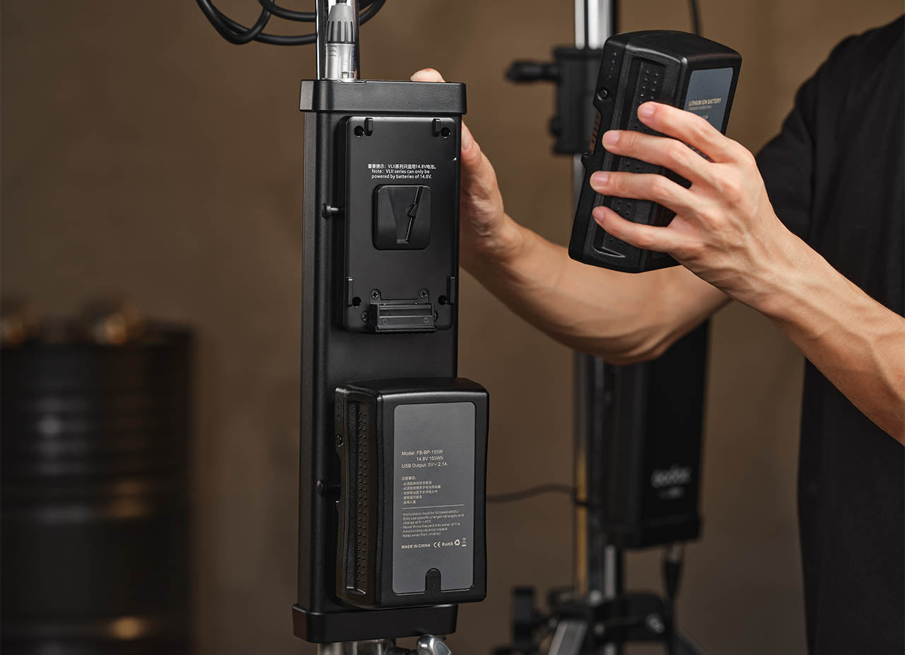 The Godox VLII series being powered by V-Mount Batteries