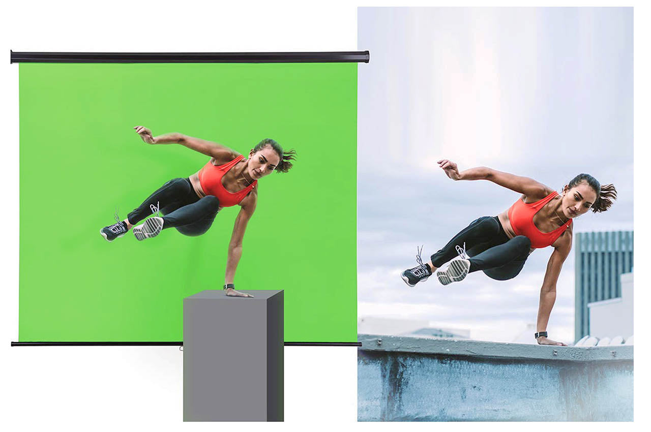 Pixapro 1.8x2m Chroma Key Green Wall-Mounted Retractable being used to film an actor performing a stunt
