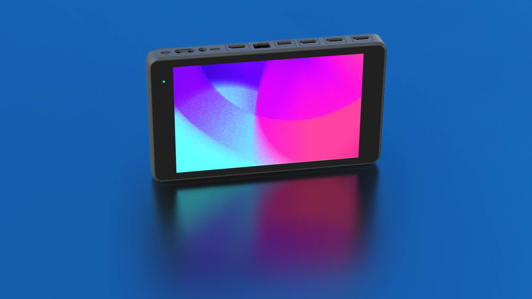 The Yololiv Yolobox Pro Professional Live-Streaming Monitor on a blue background