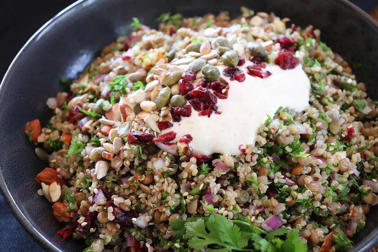 Crunchy Quinoa and Herb Salad with Cumin Yogurt Dressing