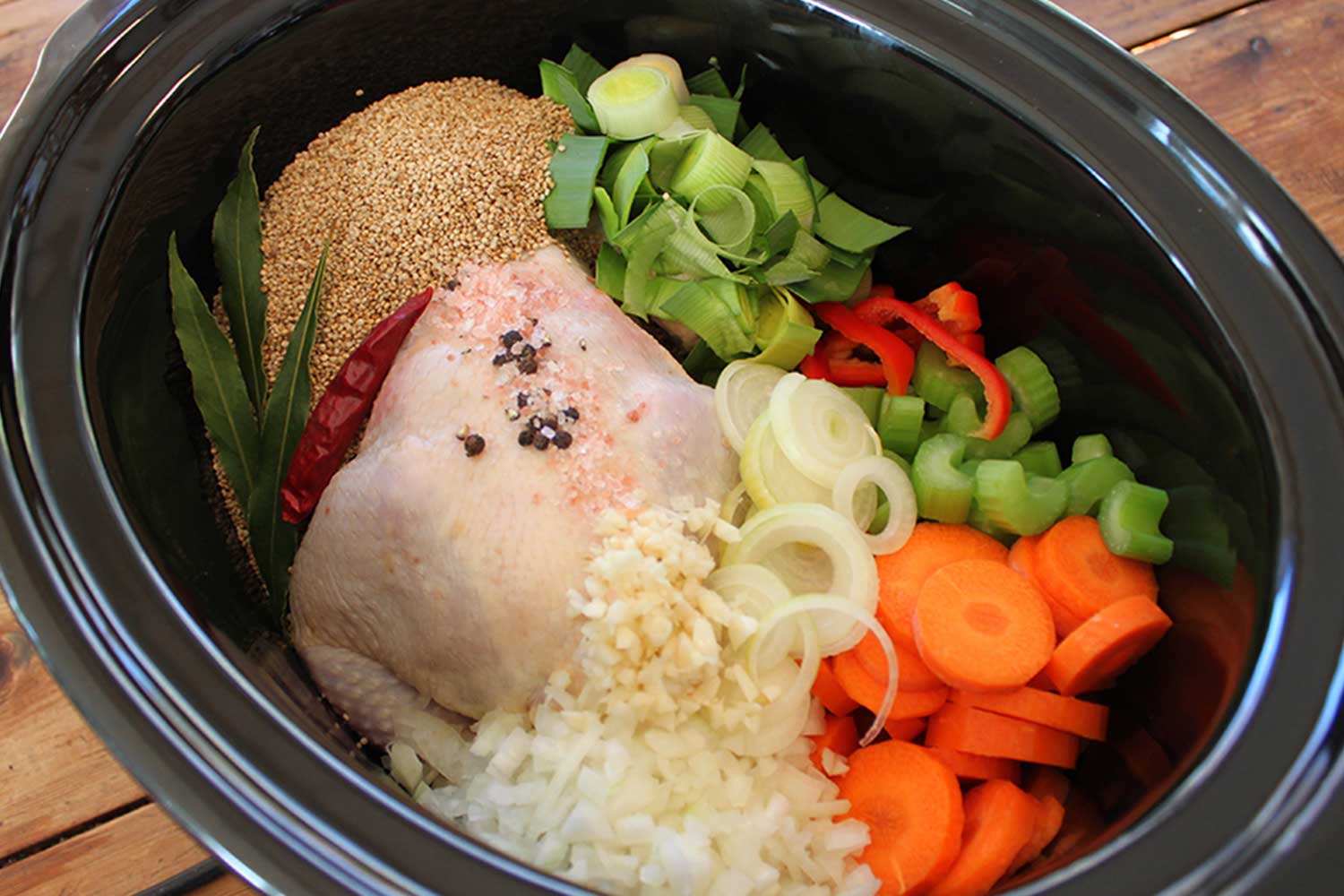 Slow Cooker Poached Chicken, Quinoa and Vegetable Soup