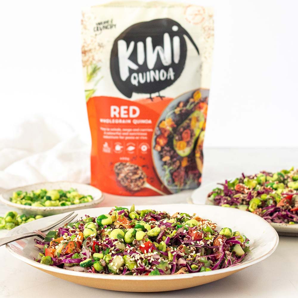 Asian Inspired Red Quinoa Rainbow Salad with Wasabi Peas