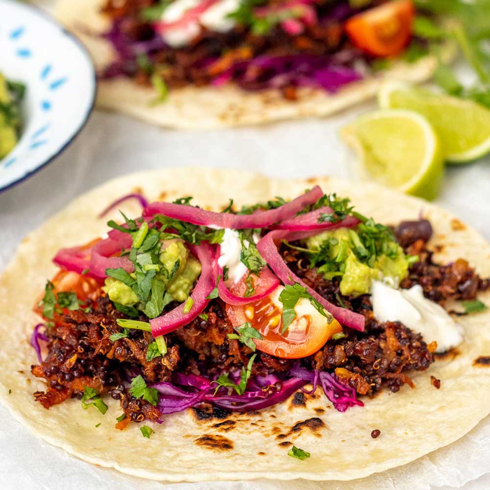 Vegan Quinoa, Sweet Potato ‘Mince’ Tacos with Smashed Avocado