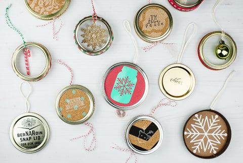 handmade ornaments made from used mason jar lids and rings