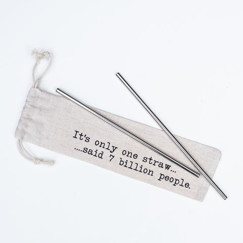 Reusable stainless steel straws and straw pouch that reads "It's only one straw said 7 million people"