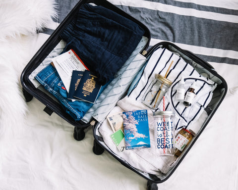 Carry on suitcase packed with eco-friendly zero waste travel essentials