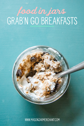 small mason jar filled with vanilla greek yogurt and granola and chocolate chips on a dark green surface