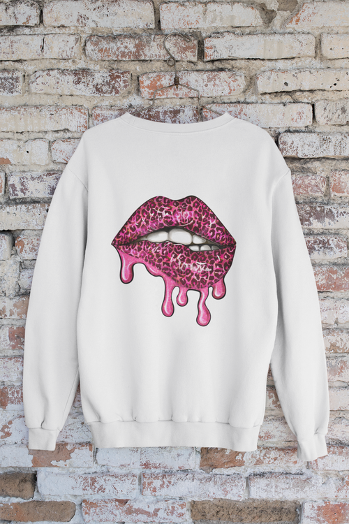 White Crew Neck Leopard Lips Graphic Sweatshirt