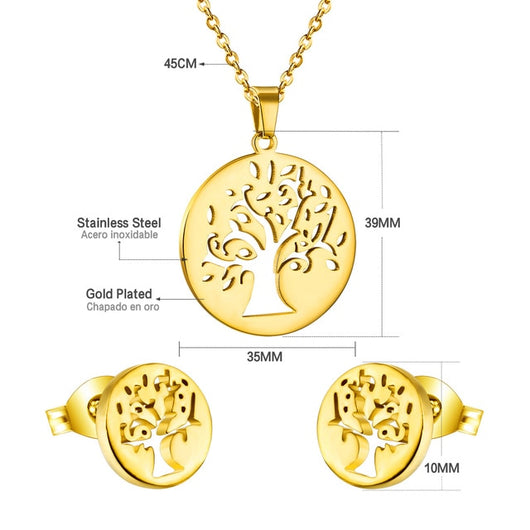 LUXUSTEEL Stainless Steel Tree of Life Necklace Earrings Set For Women Girls Hollow Round CZ Pendant Gold Color Wedding Jewelry