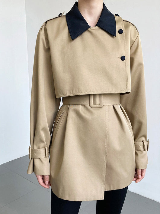 [EAM] Loose Fit Khaki Color-block Big Size Jacket New Lapel Long Sleeve Women Coat Fashion Tide Spring Autumn 2023 1DF0946