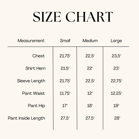 Simoné Size Guide Garment Measurements